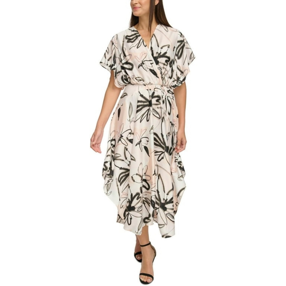 NWT Donna Karan City Garden Floral Belted Wrap Midi Dress